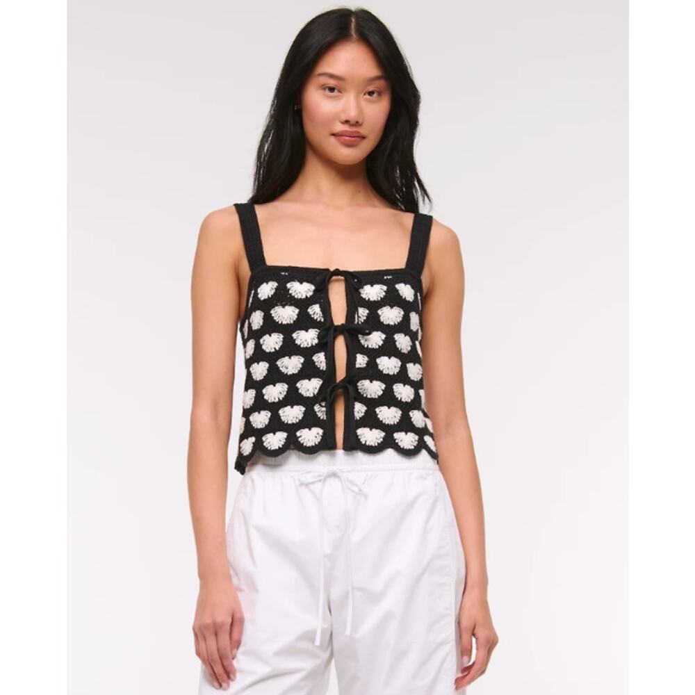 Abercrombie & Fitch Crochet-Style Tie-Front Tank Top Sleeveless Open Knit Blouse - Picture 3 of 13
